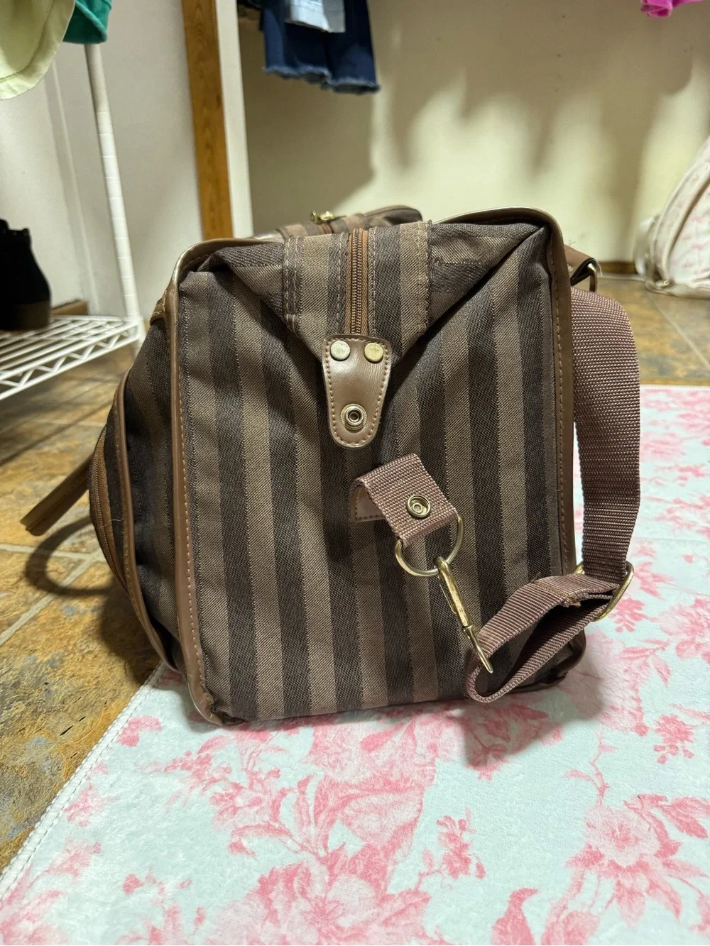 Vintage Destination Brown Striped Weekender Duffel Travel Bag w/ Shoulder Strap